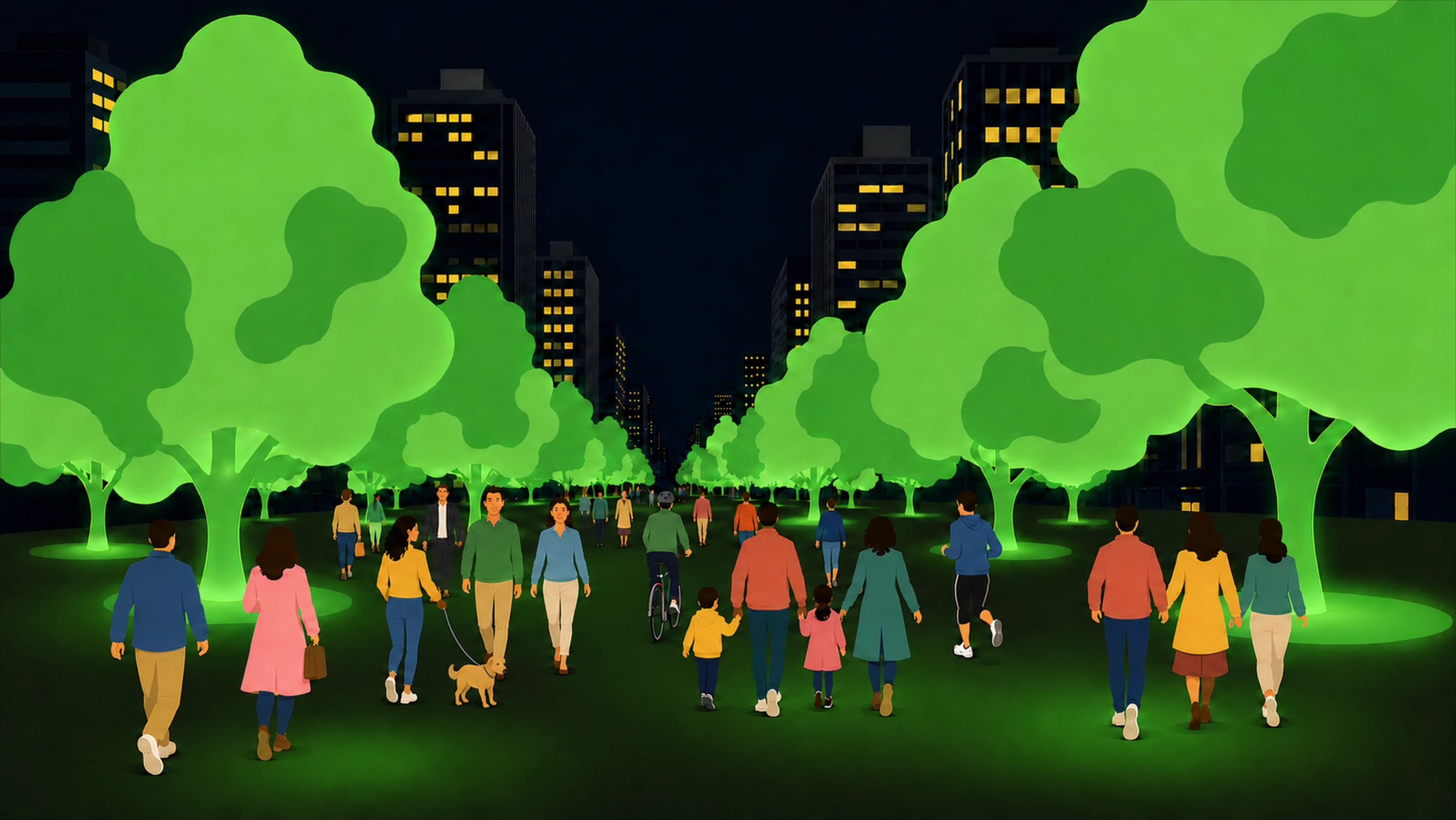 夜の街路で緑色に発光する並木道と、その下を歩く人々のイラスト